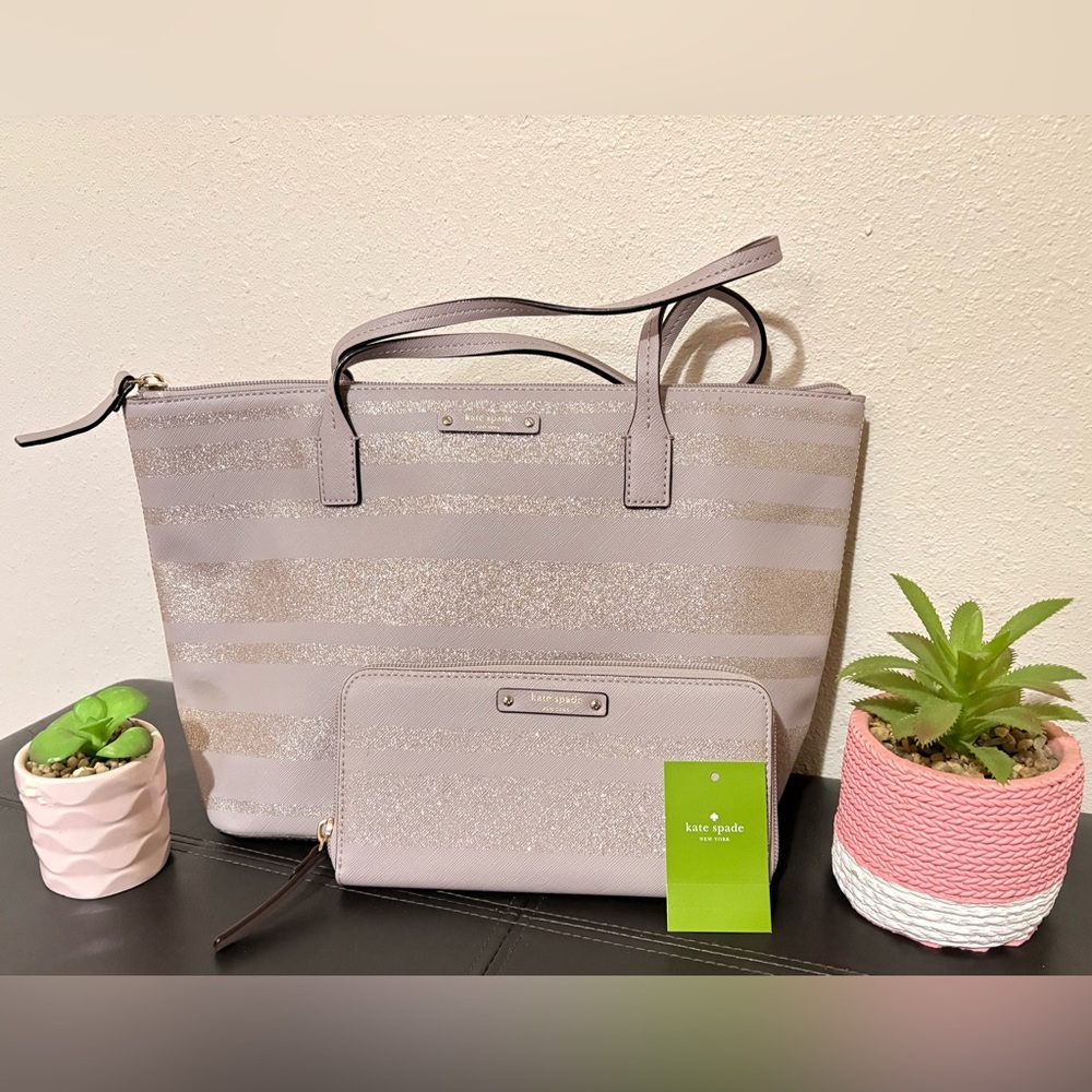 NWT Cute Kate Spade Glitter & Lavender Diagonal Stripes Matching Tote and Wallet